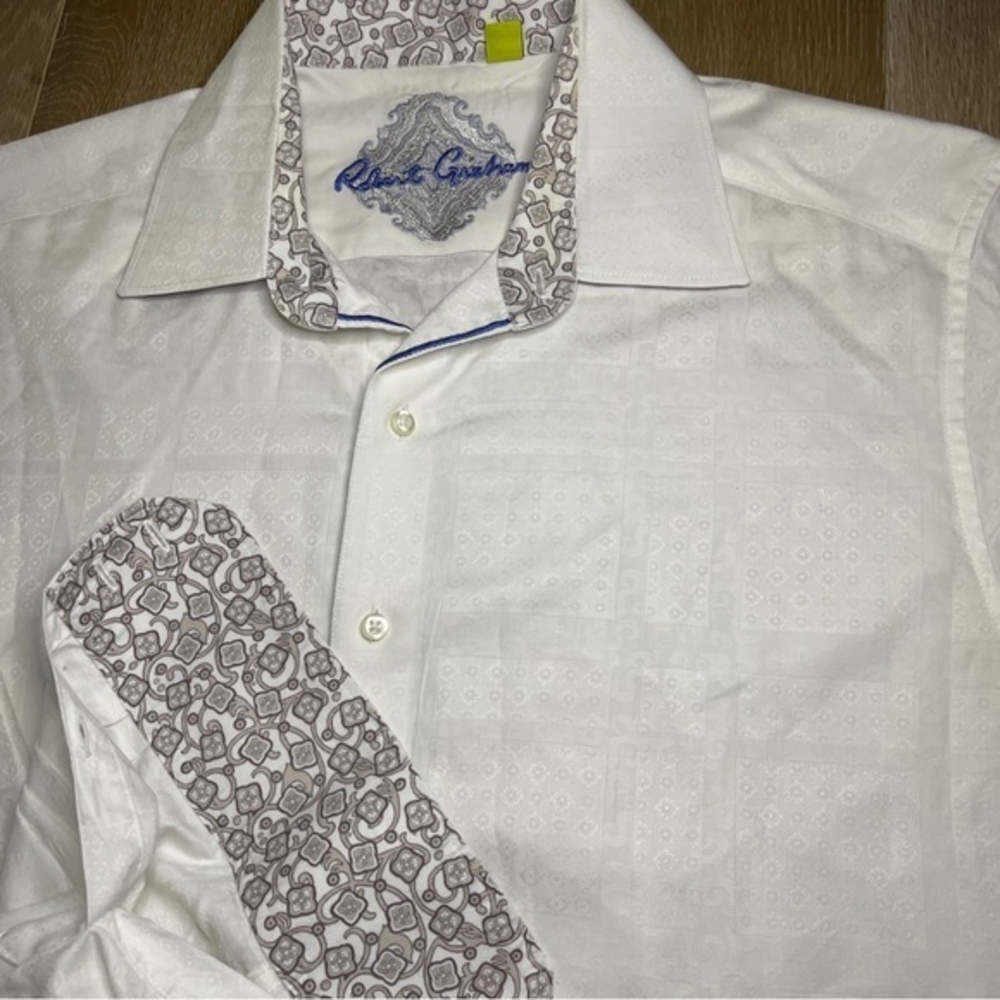 Robert Graham Men’s L Classic Fit White Floral Flip Cuff Long‎ Sleeve Shirt